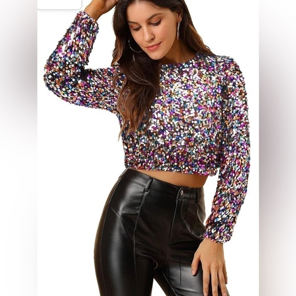 FULLY SEQUINED RAINBOW COLORED Cropped Blouse Sz XL Retro 70s Inspired Disco - Picture 1 of 10